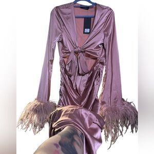 Tie front mauve midi dress with real feathers size extra large